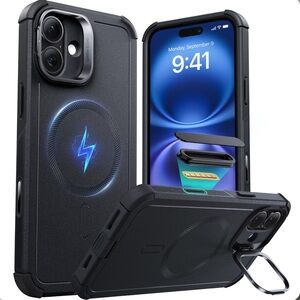 iPhone 16 Protective Case ‘Magnetic CYBER SERIES’ w/Stash Stand-BLACK